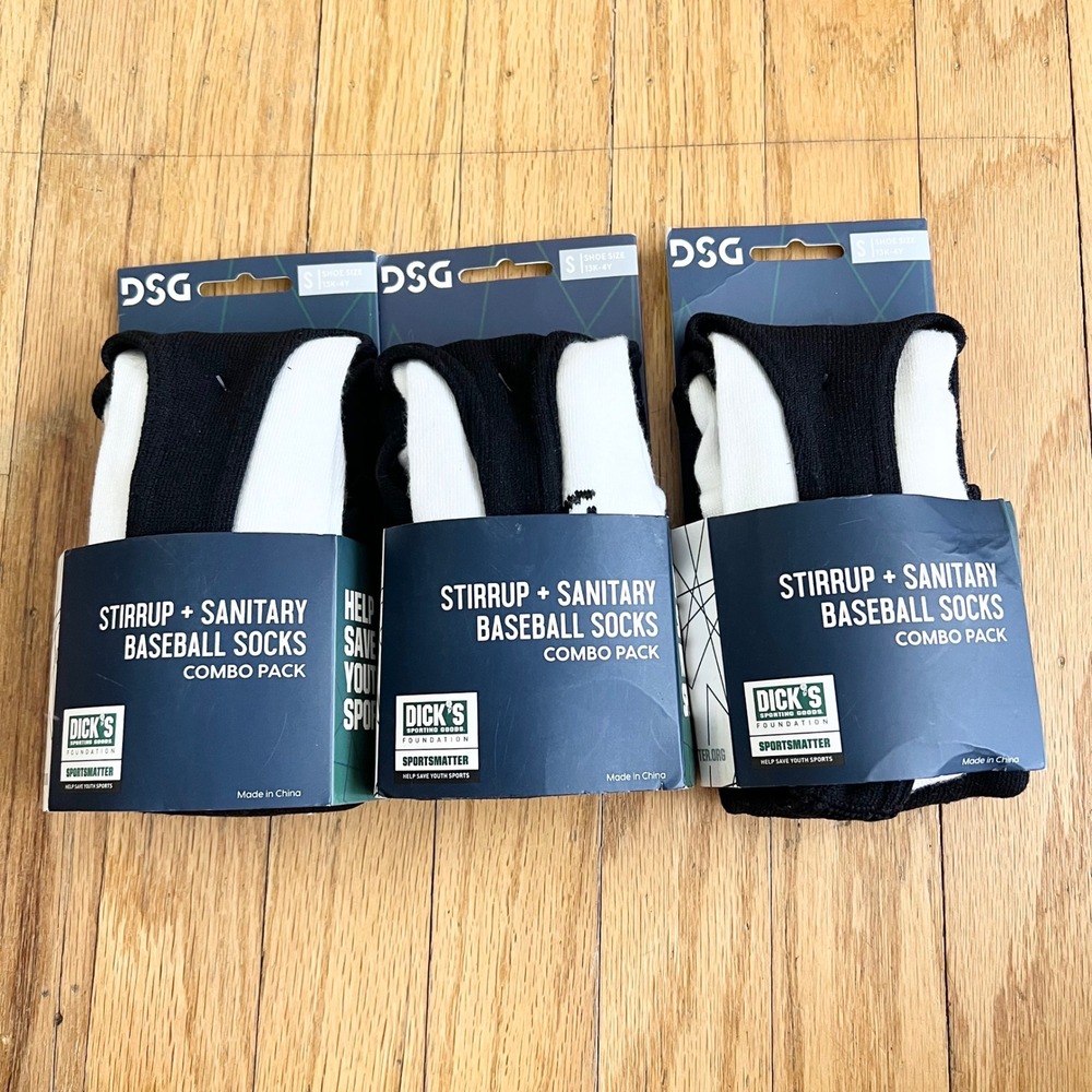 DSG Baseball Socks Stirrup Sanitary Combo Pack Boys Small Black White New 3 Pack